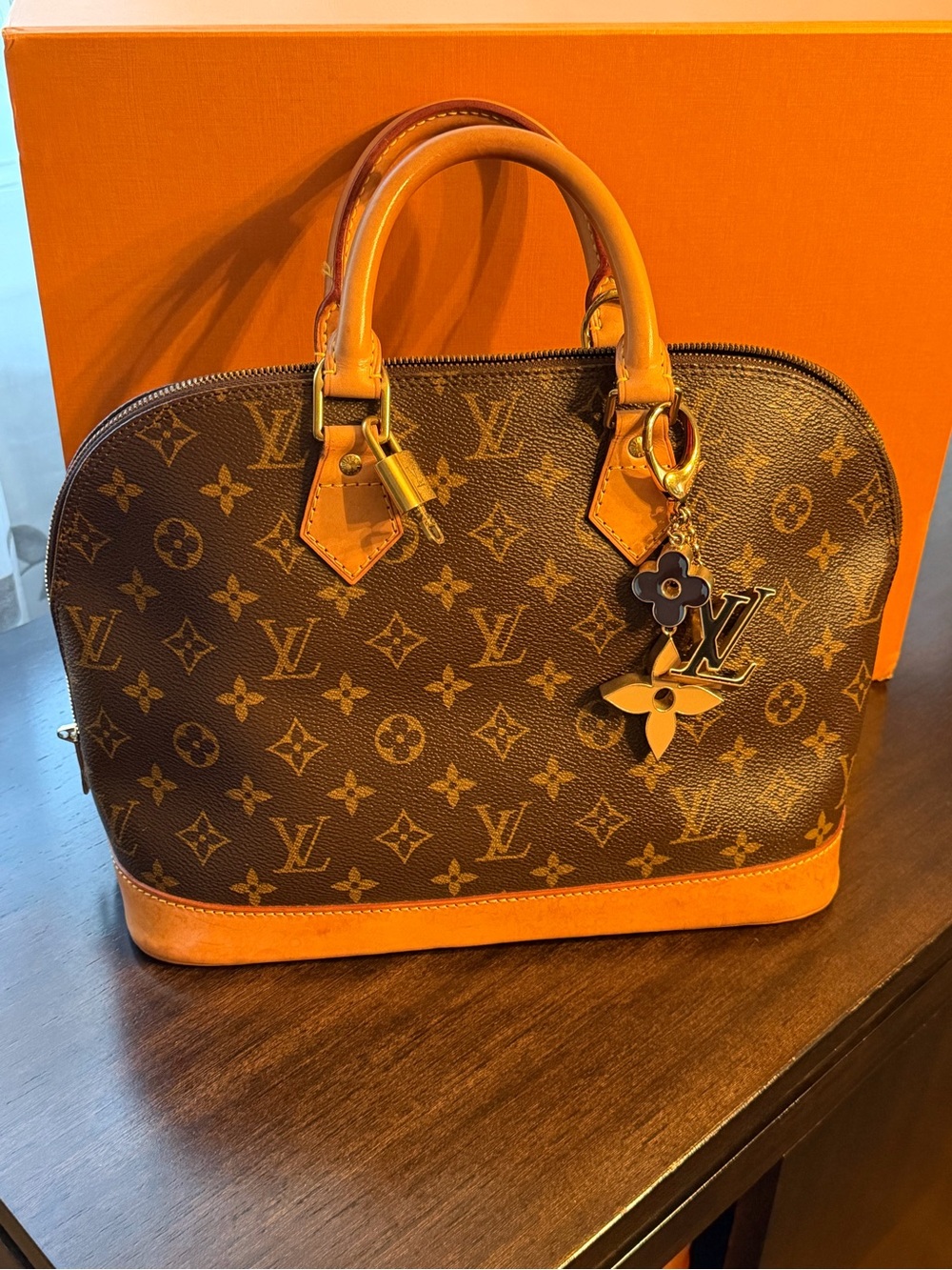 Louis Vuitton Brown Monogram Satchel with Tan Trim and Charm